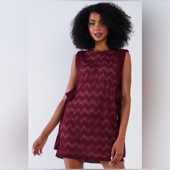 Wine Crochet Sleeveless Lined Mini Dress W/ Ribbon Draw String Tie - Picture 2 of 4